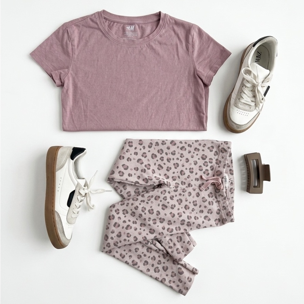 H&M Dusty Mauve Tee with ZARA Leopard Print Joggers